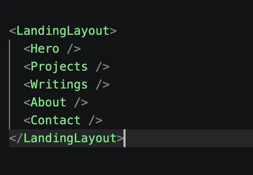 Section order before. Hero, Projects, Writings, About, Contact.